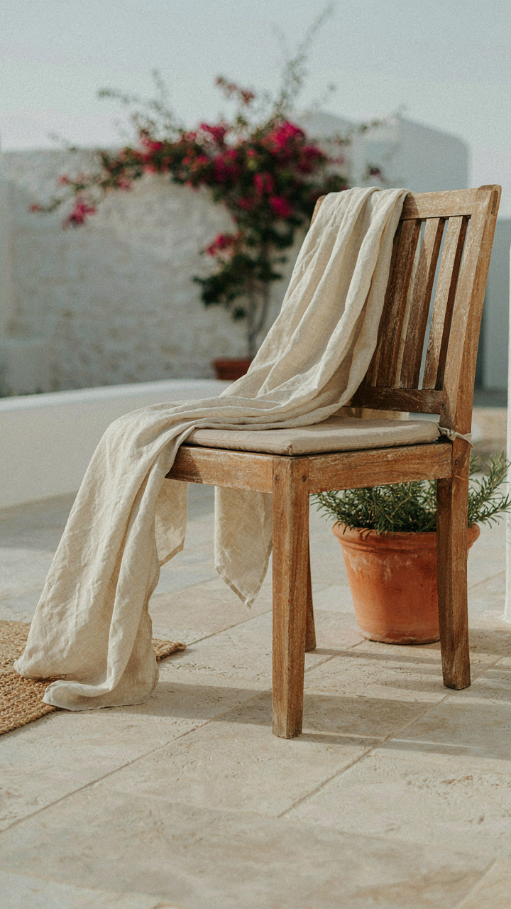 A high-quality linen cover-up draped elegantly over a chair.