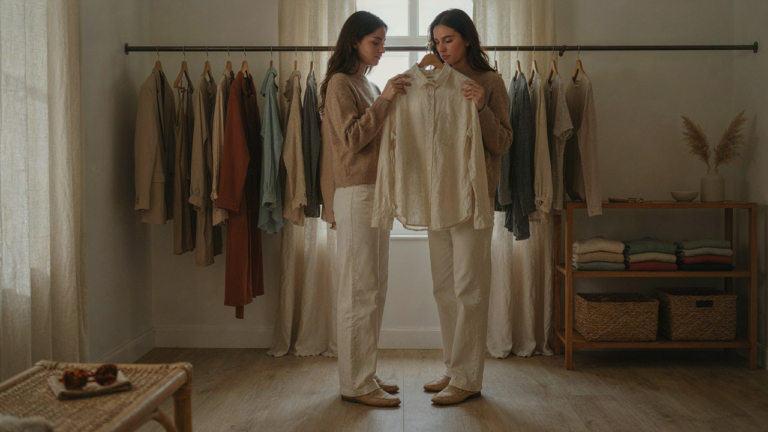 A person considers an elegant casual outfit from their closet, holding a linen shirt.