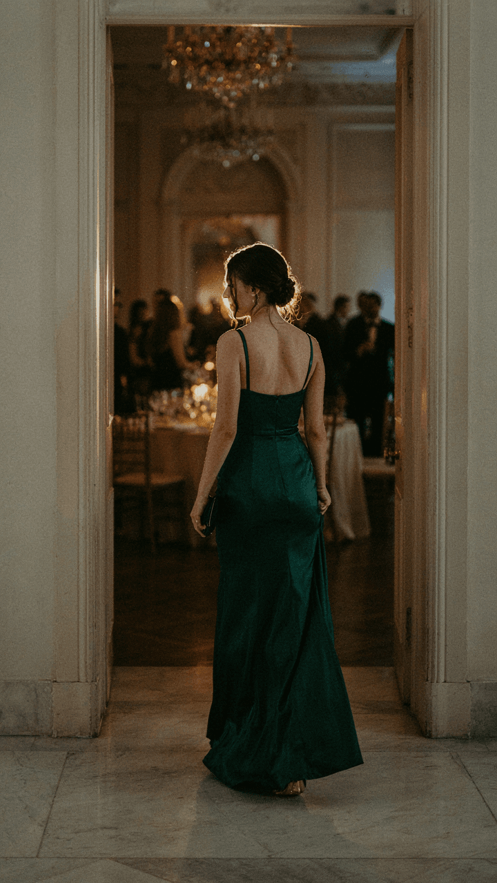 A woman enters an evening reception, her silhouette clear and fabric subtly shimmering.