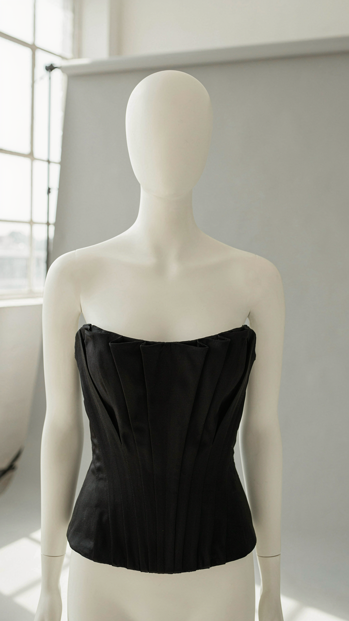 An elegant black silk top with architectural pleating and a bateau neckline.