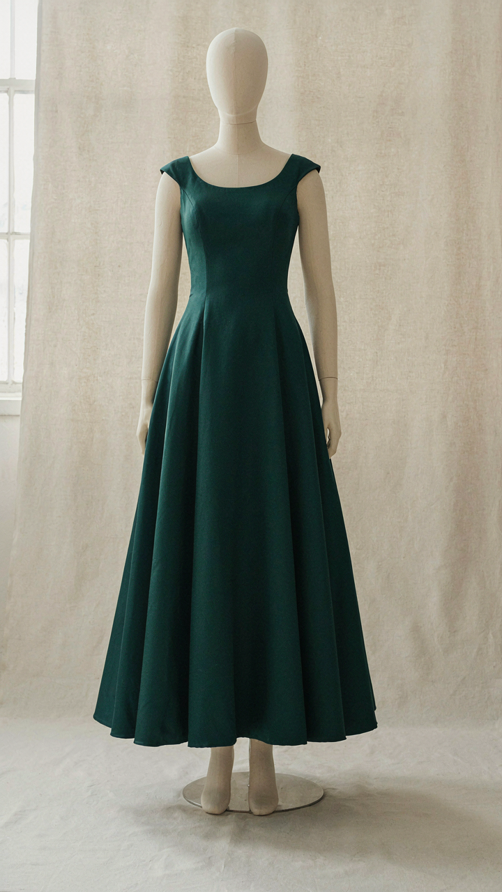 An elegant A-line dress in a jewel tone on a mannequin.