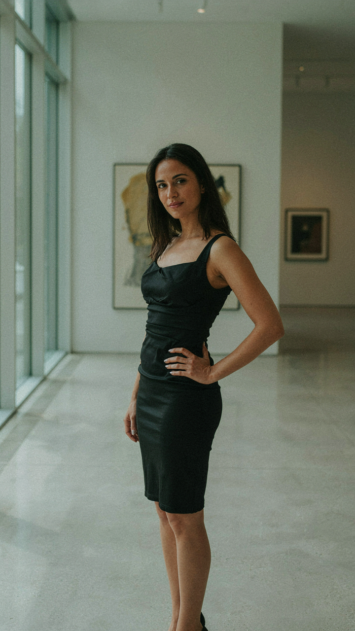 A woman in a black bodycon cocktail dress with a ruched bodice stands in an art gallery.