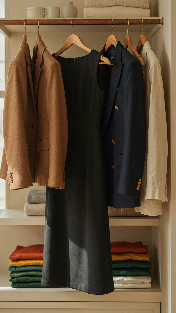 A charcoal midi dress hangs in a wardrobe with versatile accessories.