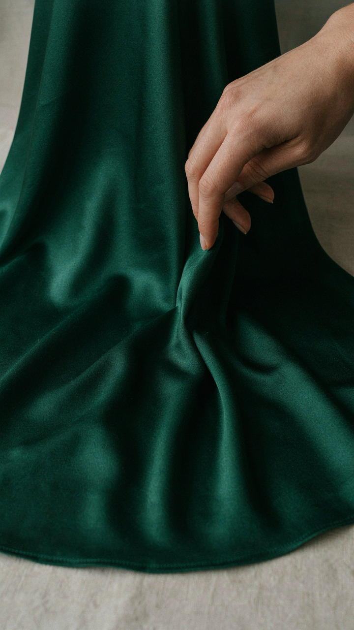 A hand touches a swatch of rich, dense silk charmeuse fabric.