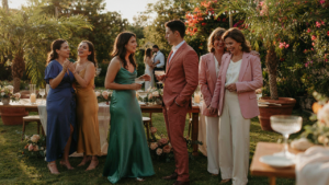People in stylish clothes mingle at a fancy outdoor cocktail party.