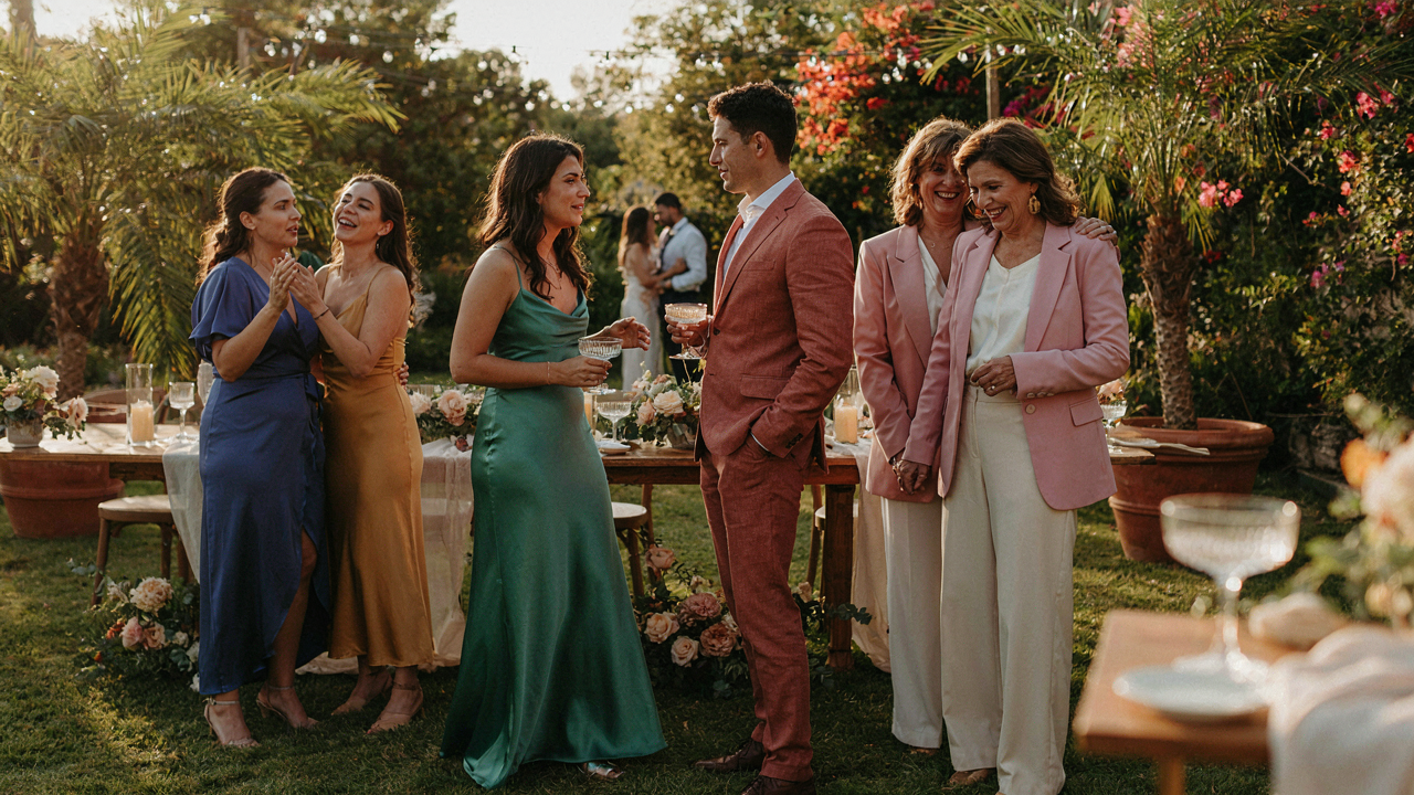 People in stylish clothes mingle at a fancy outdoor cocktail party.