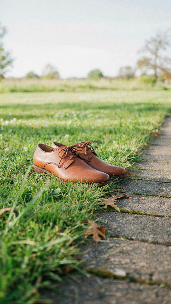 Comfortable dress shoes sit on grass next to a paved path.