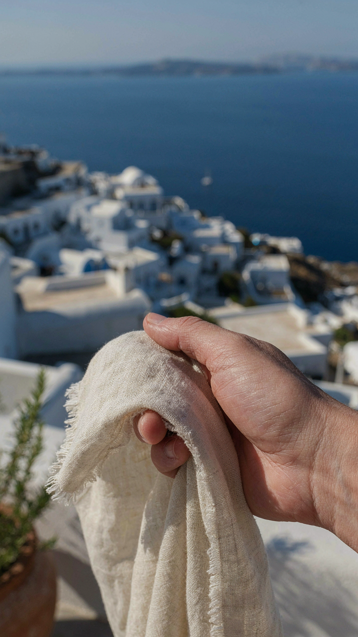 A hand touching breathable linen fabric on a sunny Greek island.