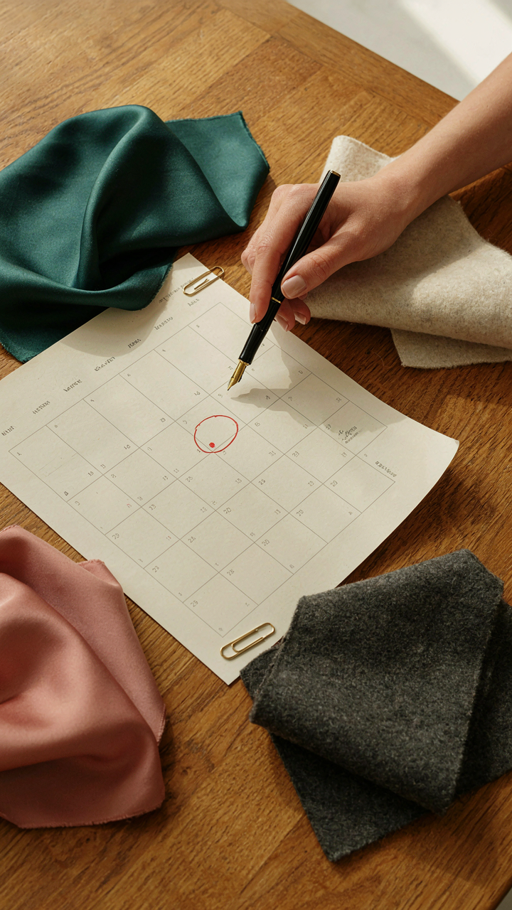 A hand points to an event on a calendar with fabric swatches nearby.