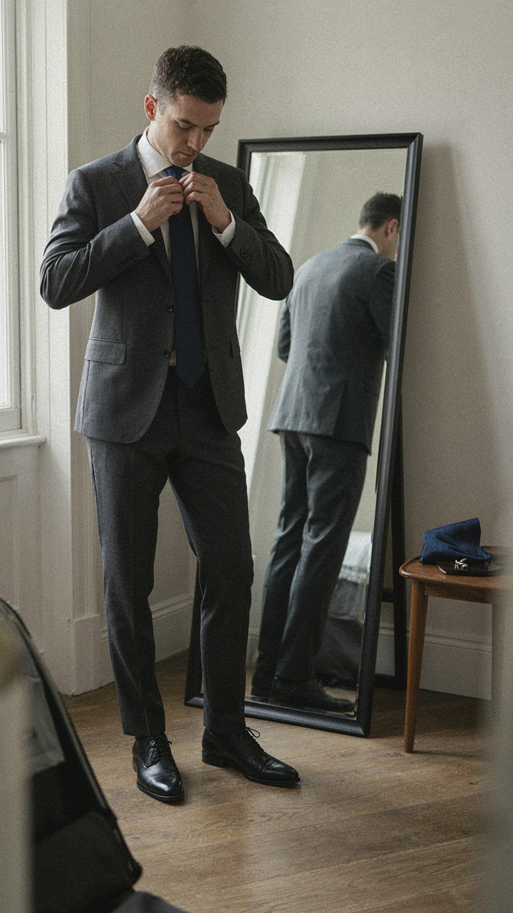 A person adjusts a silk tie in a mirror, adding contrast to a suit.