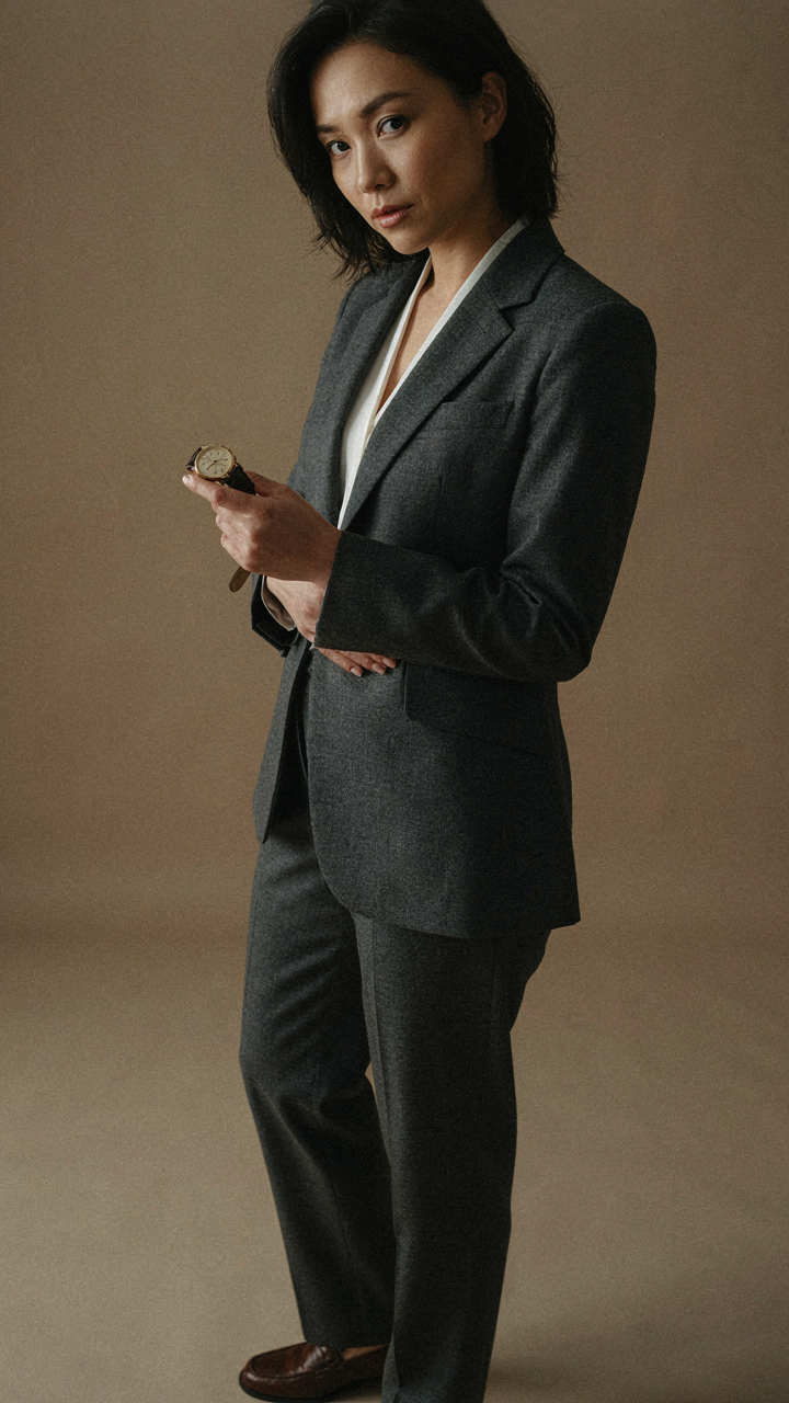 Woman in a textured grey suit holding a vintage watch.