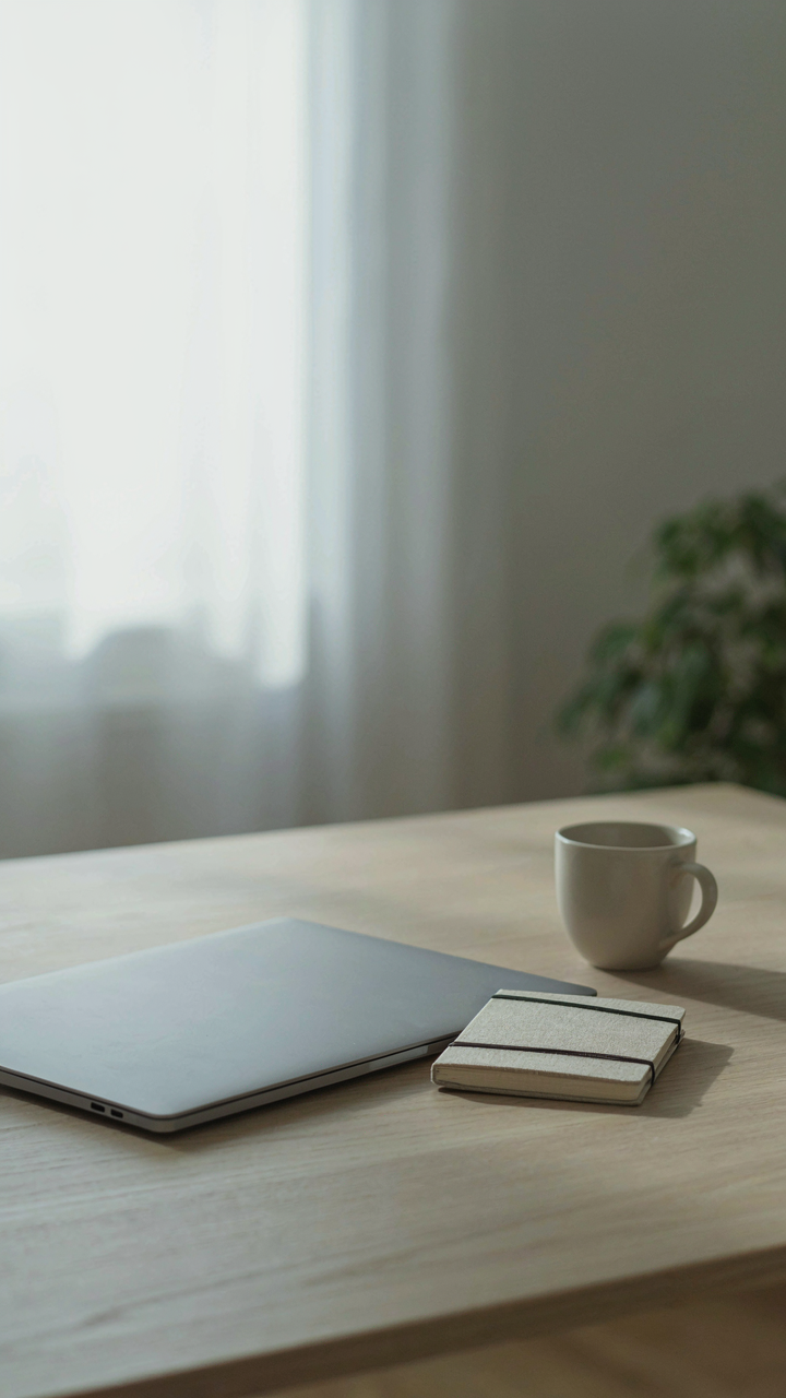 A minimalist desk has a laptop and a small notebook, showing calm.