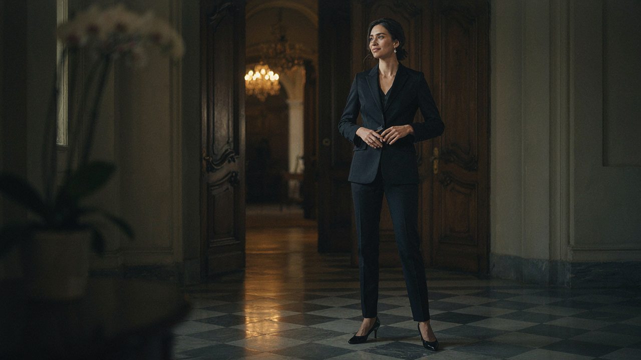 A woman in a dark tailored evening suit stands at the entrance of a grand ballroom.