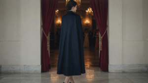 A woman in a navy evening cape stands at the entrance of a formal ballroom.