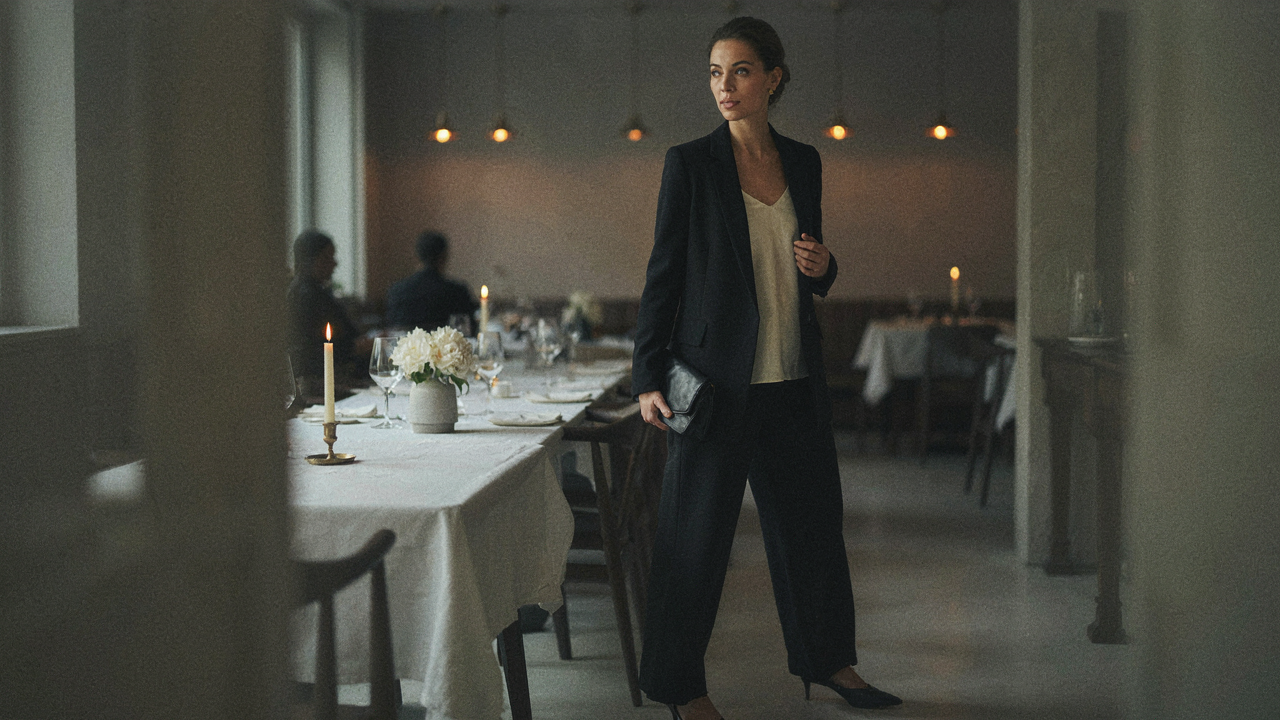 A woman wears an elegant evening capsule wardrobe in a restaurant setting.