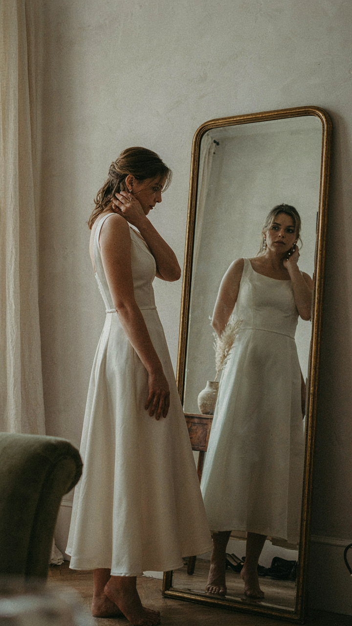 A woman in an A-line gown stands with intentional posture, looking in a mirror.