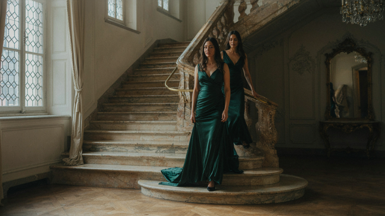 An elegant woman in an evening gown gracefully walks down a luxurious staircase.