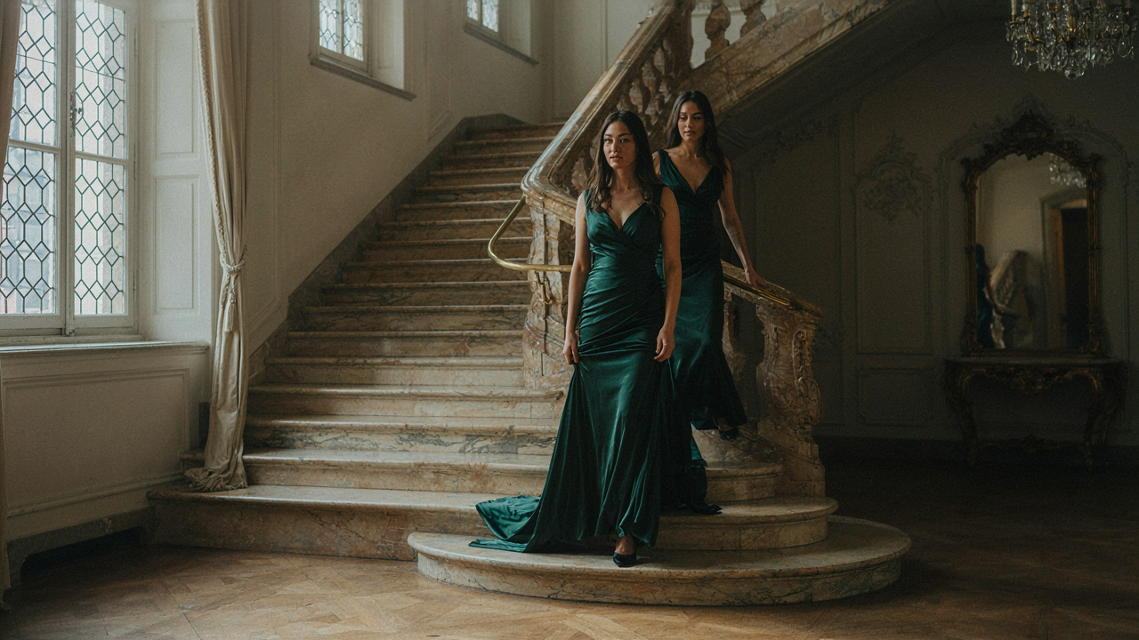 An elegant woman in an evening gown gracefully walks down a luxurious staircase.