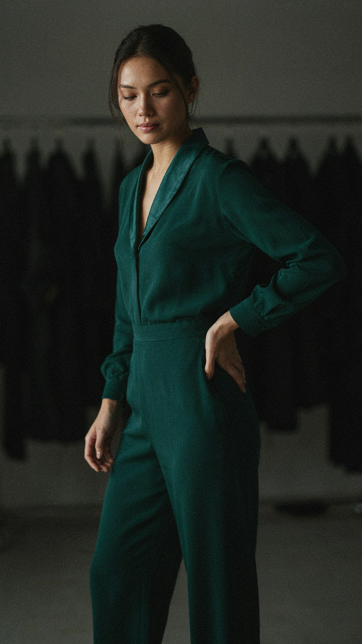 An emerald green jumpsuit subtly reflects light in a dark room.