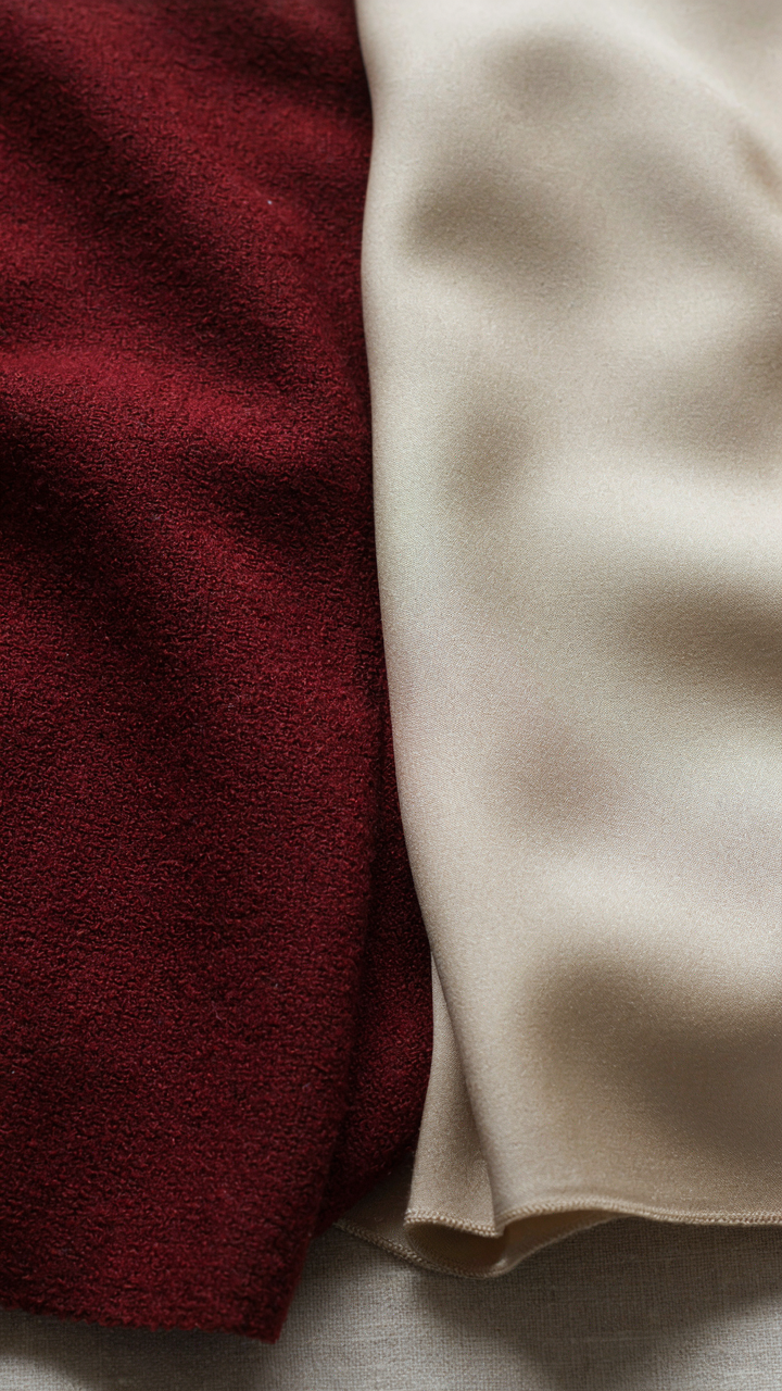 Two fabric swatches, dense wool crepe and light silk charmeuse, are side by side.