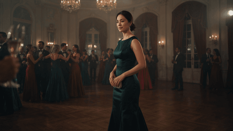 An elegant woman in a long green evening gown attends a formal reception.
