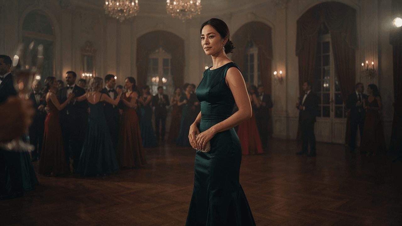 An elegant woman in a long green evening gown attends a formal reception.