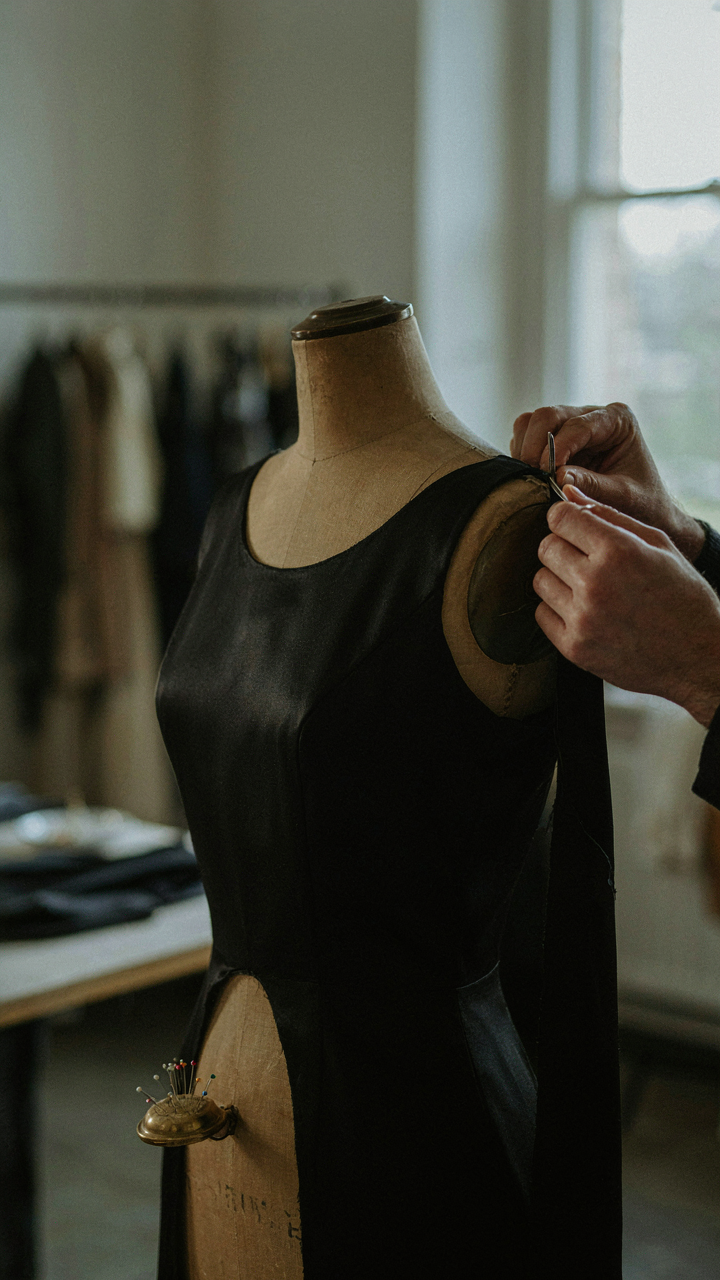 A tailor's hands adjust the shoulder seam of a black dress.