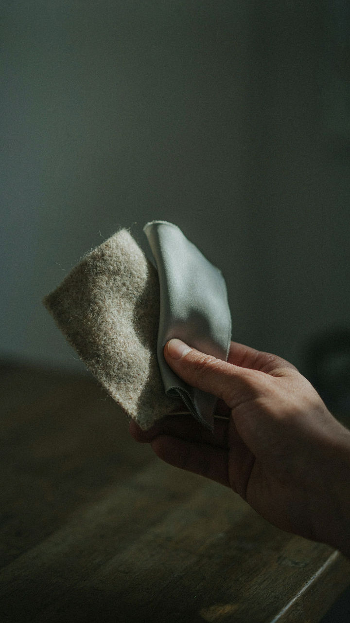 A hand holds swatches of thick wool and thin silk fabric in a cool room.
