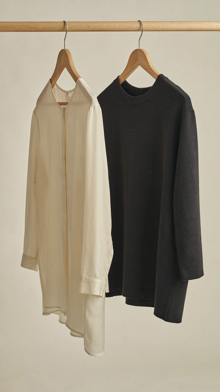 Two blouses, one light silk and one heavy jersey, demonstrating fabric drape.