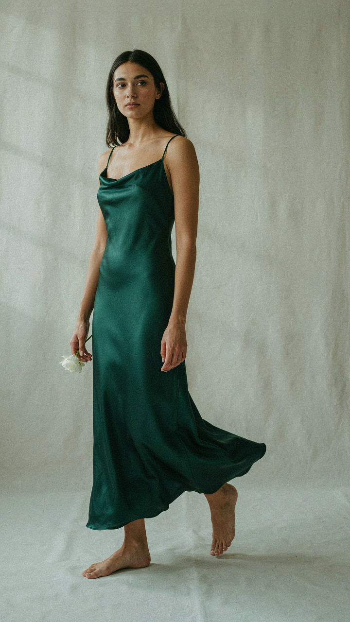 A silk charmeuse dress flows gracefully as a person steps.