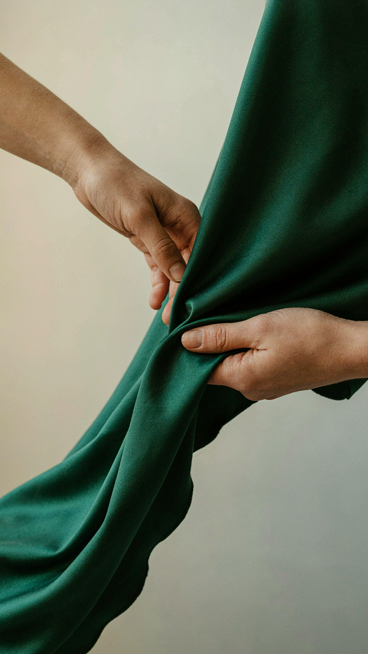 Hand gently holding a piece of rich silk charmeuse fabric.