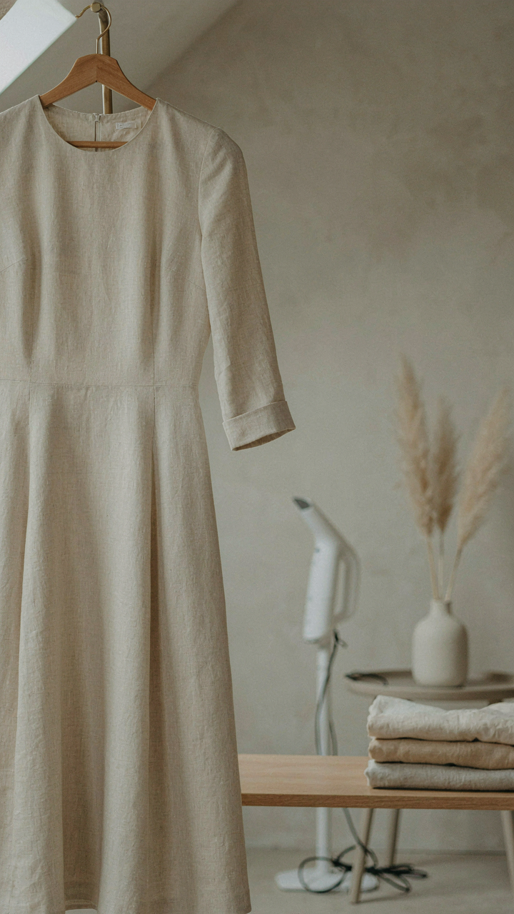 Structured linen dress on a hanger with elegant wrinkles and a hand steamer.