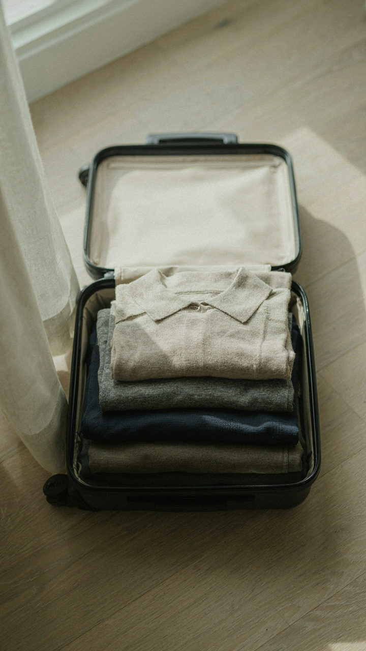 Folded synthetic base layers and a merino wool shirt are inside a suitcase.