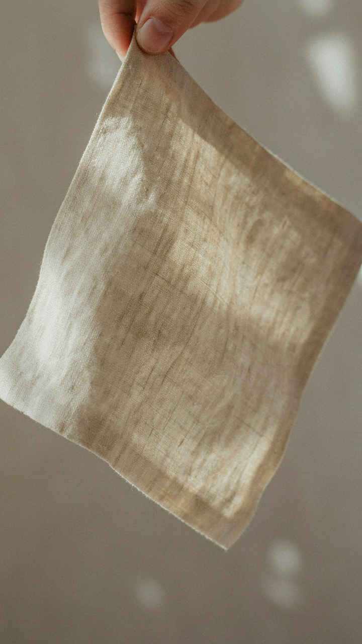 Fingers gently stretch an elegantly textured linen fabric swatch in dappled sunlight.