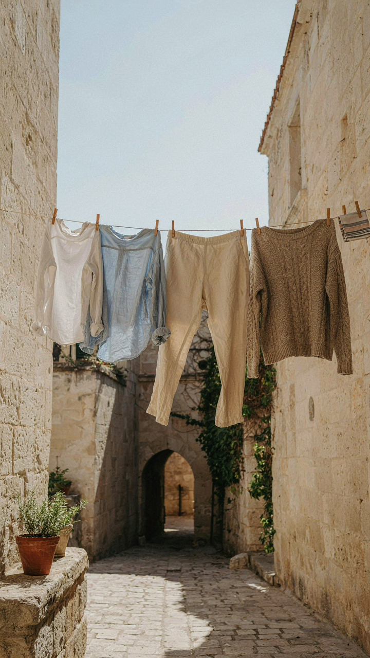 Cotton, linen, and wool clothing items dry on a line in a European courtyard.