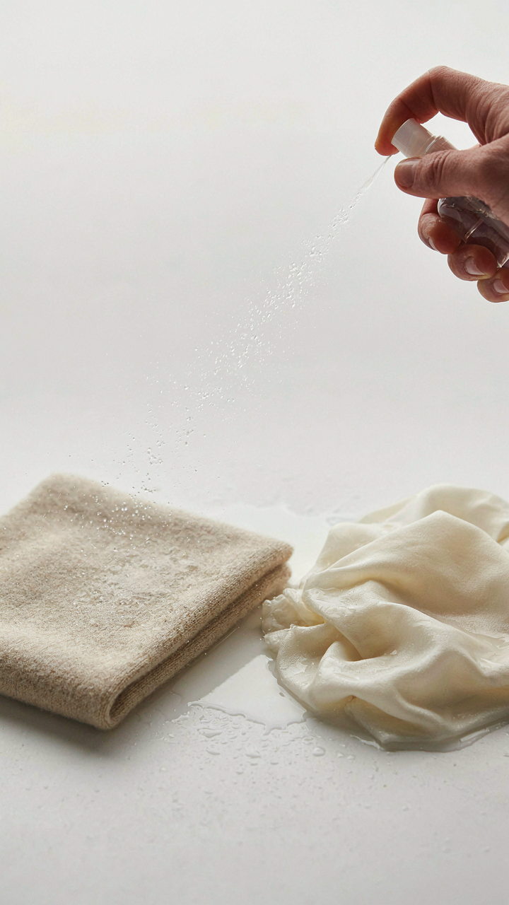 A hand sprays water on merino wool and crumpled cotton fabric swatches to test their performance.