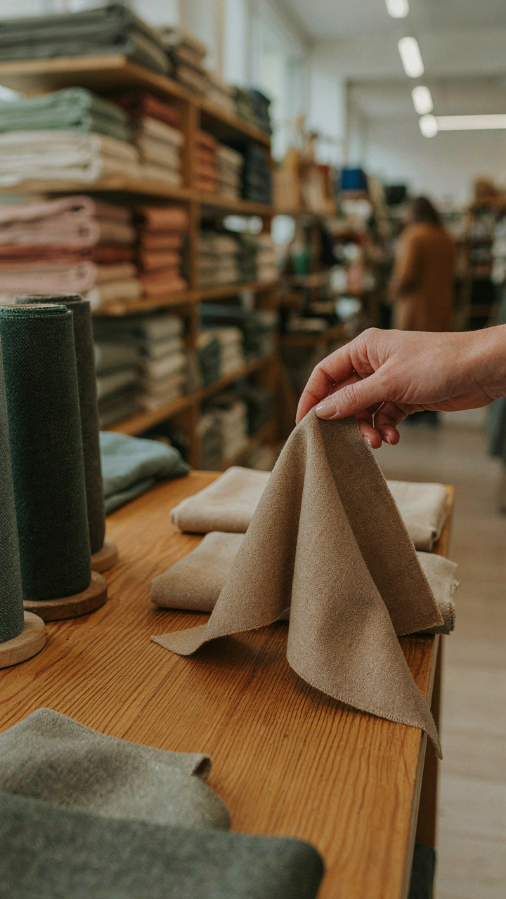 Hand gently touches a swatch of smooth, wrinkle-resistant wool fabric.