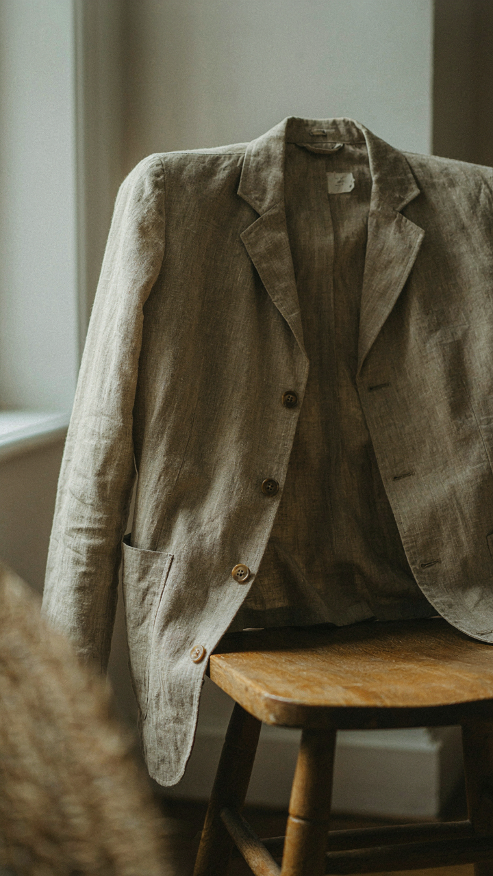 A close-up of a linen blend jacket draped on a wooden chair.