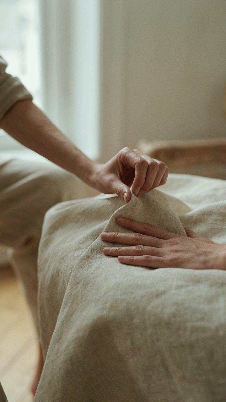A hand feeling a soft, breathable linen blend fabric.
