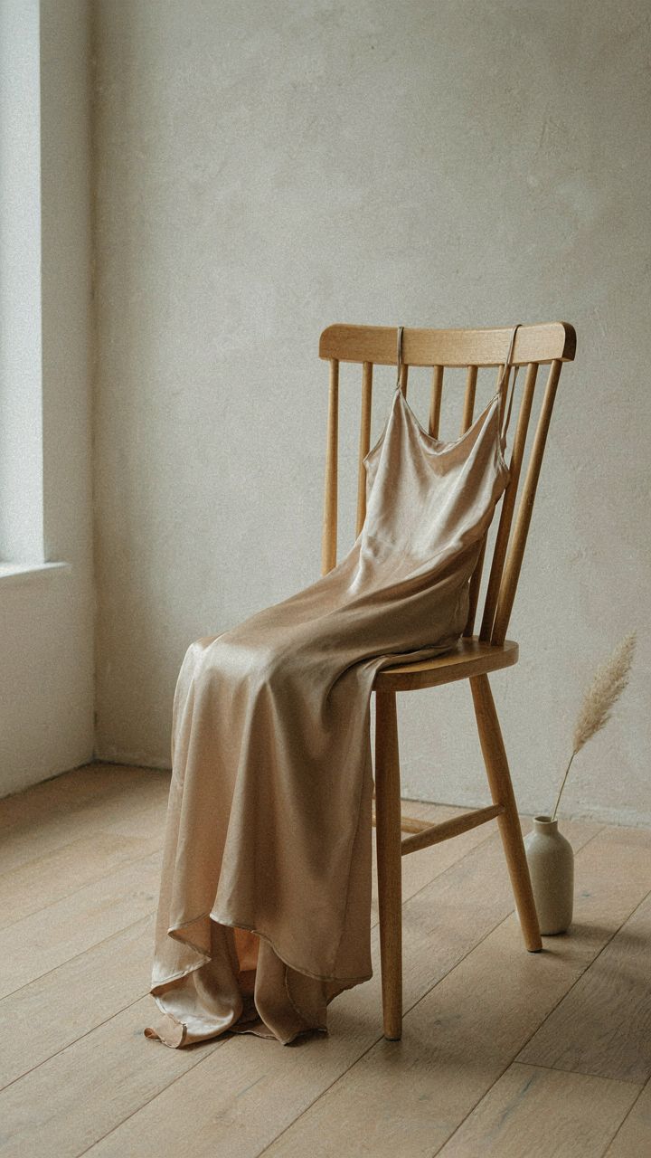 A silk charmeuse dress draped over a chair, showing its flowing texture.