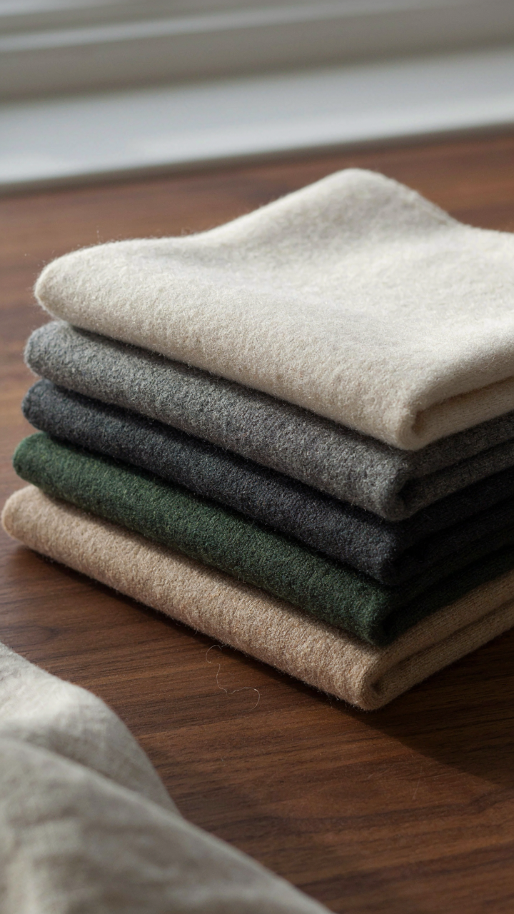 A stack of high-quality merino wool and polyester fabrics.