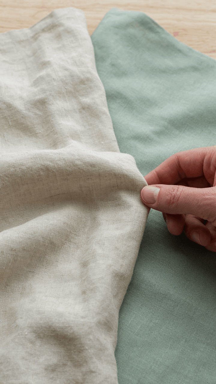 A hand touches linen fabric next to synthetic fabric.