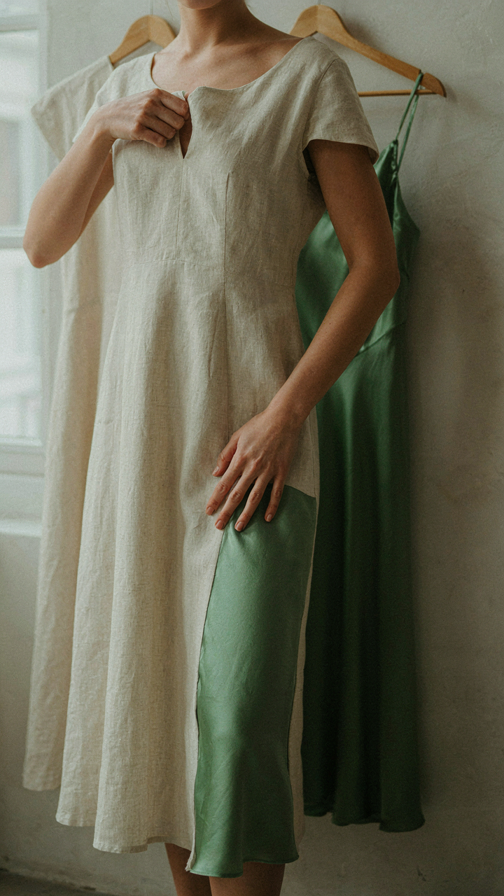 A hand feeling the textures of linen and silk midi dresses.