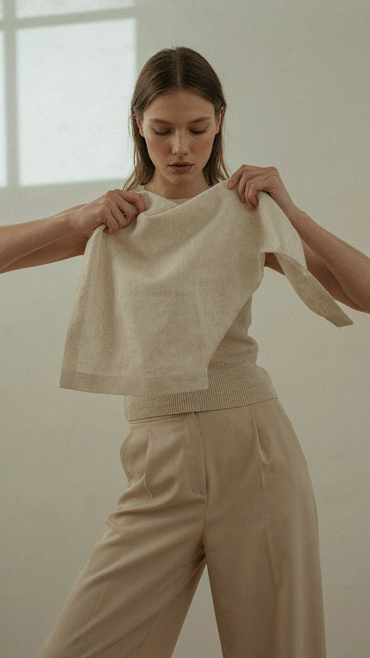 A hand crumples and releases a swatch of linen fabric.