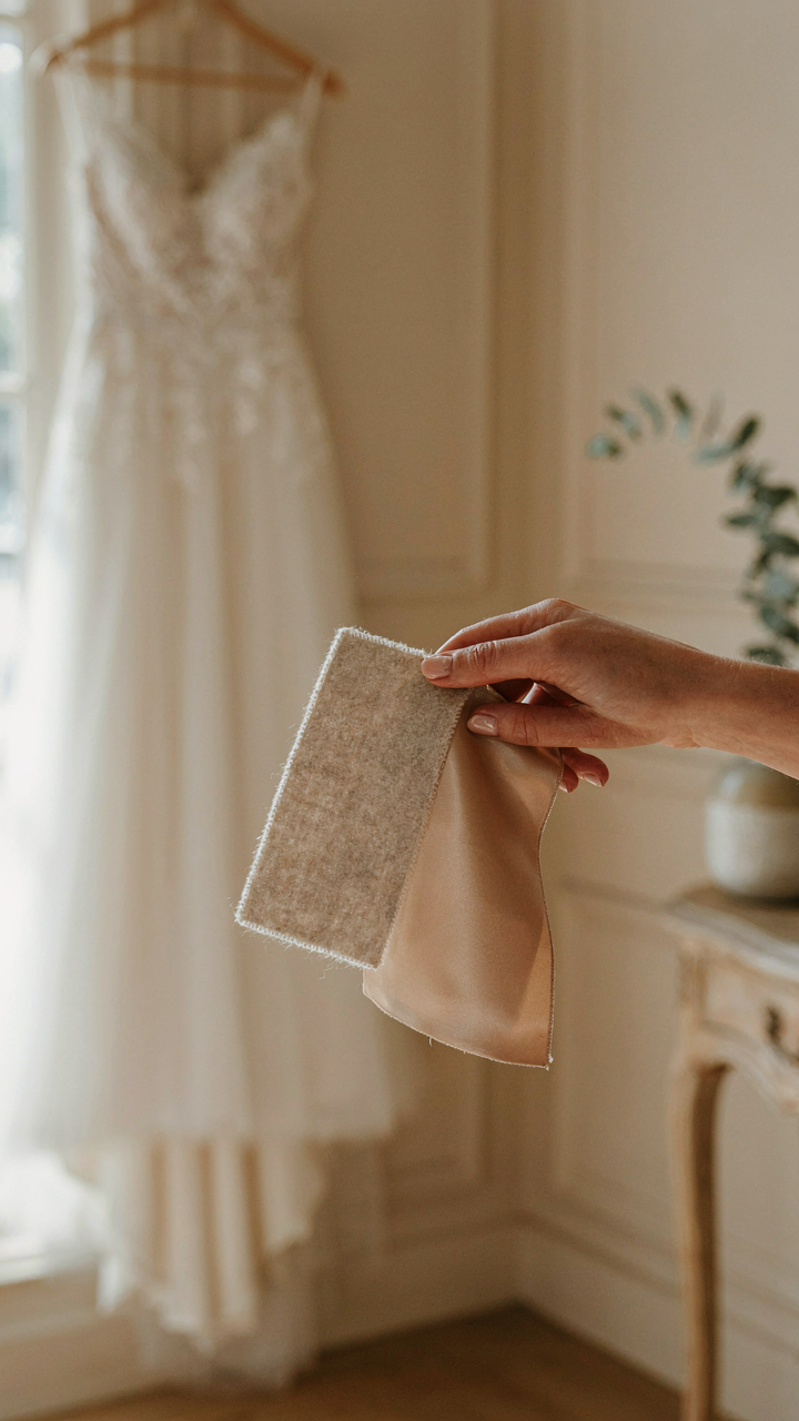 A hand compares two different fabric swatches for a wedding guest dress with shawl.