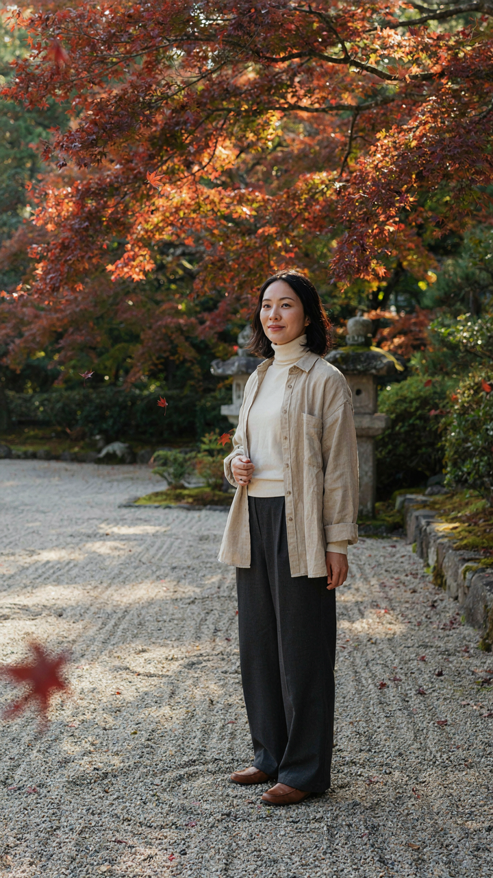 A woman wears layered fall clothes in a Japanese garden.