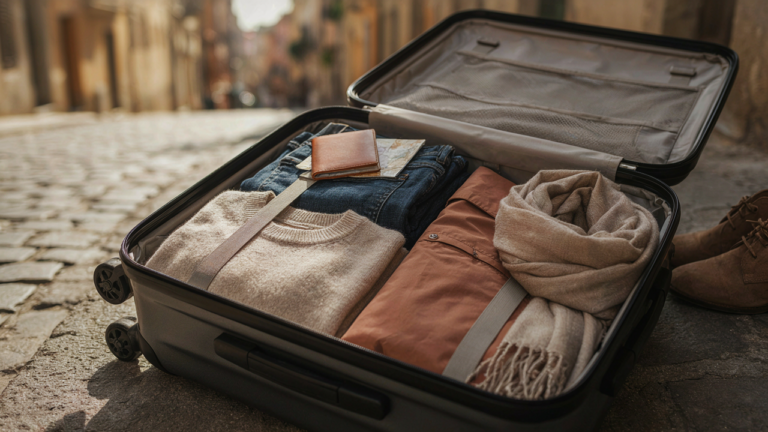 Neatly folded fall clothes in an open suitcase with a blurred city in the background.