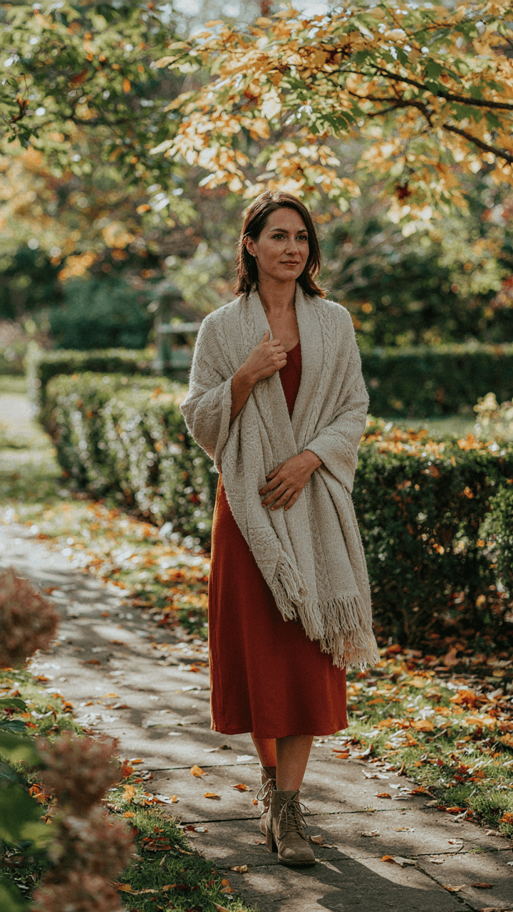 A woman adds a knit wrap over her dress in an autumn setting.