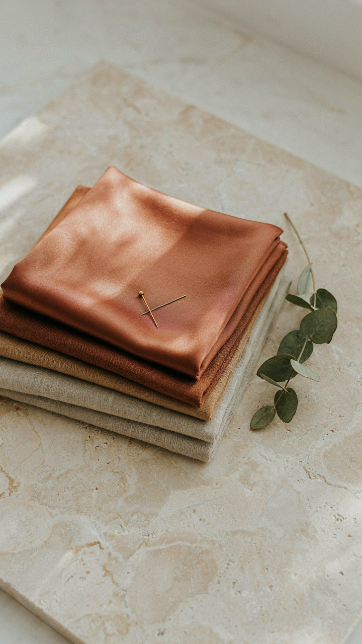 Folded high-quality silk, wool, and linen-cotton fabrics in earthy tones.