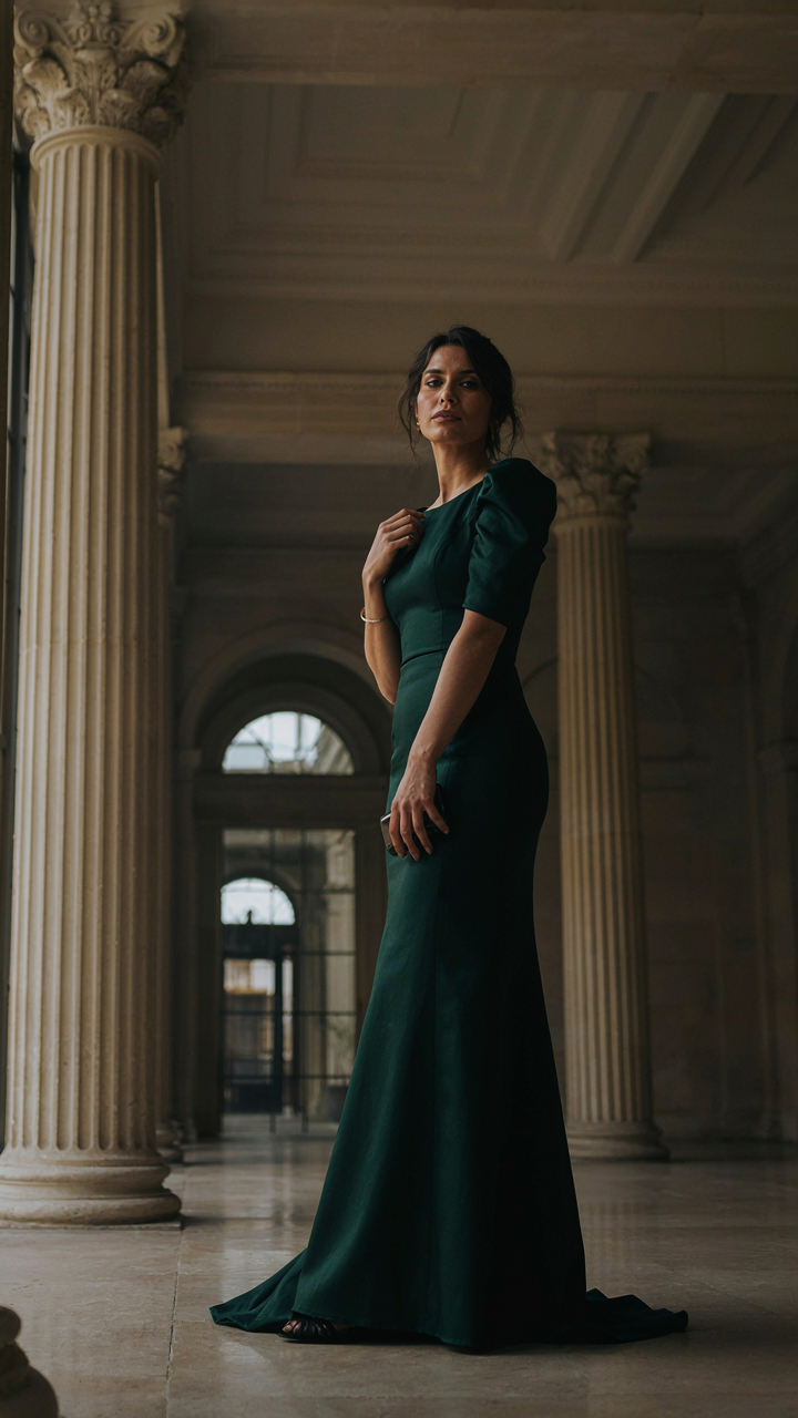 A person in fancy dress is angled against a unique architectural background.